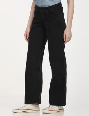 Women's Black Loose Fit Low Rise Jeans Adaptive Stretch Fabric