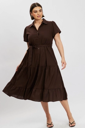 Brown Midi Dress Short Sleeve Shirt Wrinkle-Free-Finish