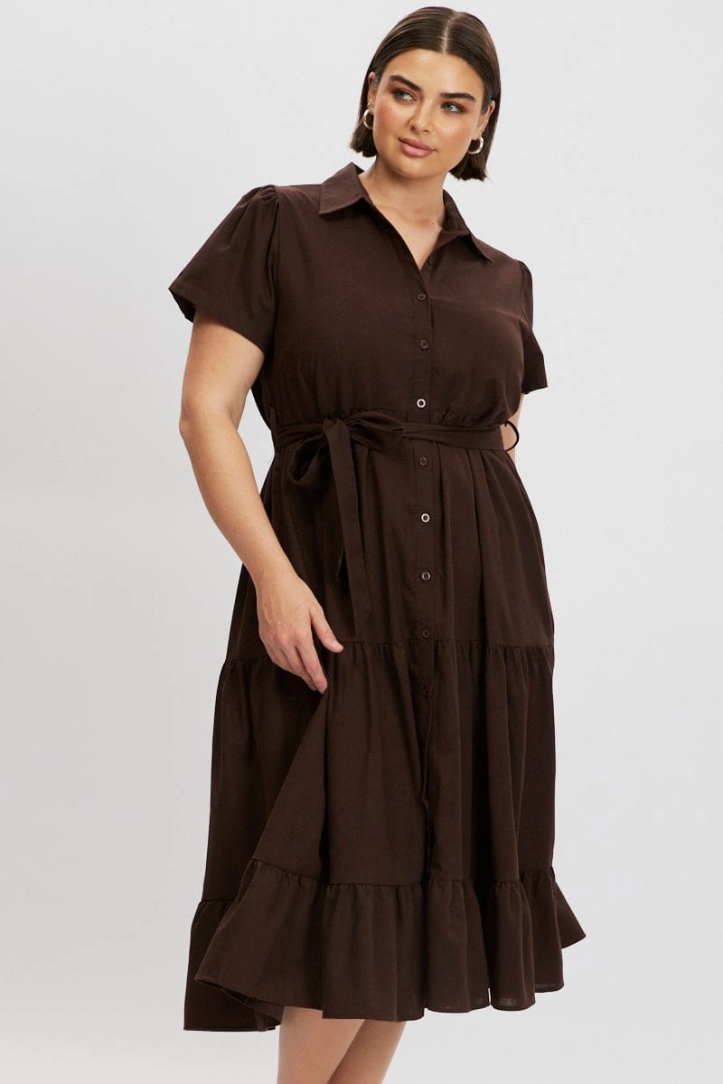 Airy Movement Brown Midi Dress Short Sleeve Shirt