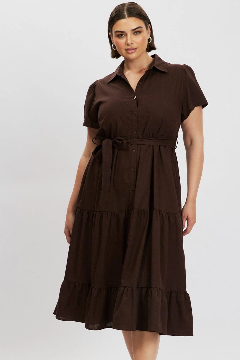Semi Casual Brown Midi Dress Short Sleeve Shirt