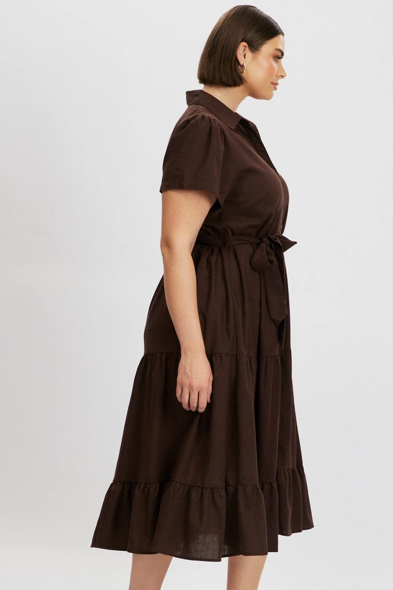 Brown Midi Dress Short Sleeve Shirt Cozy Style