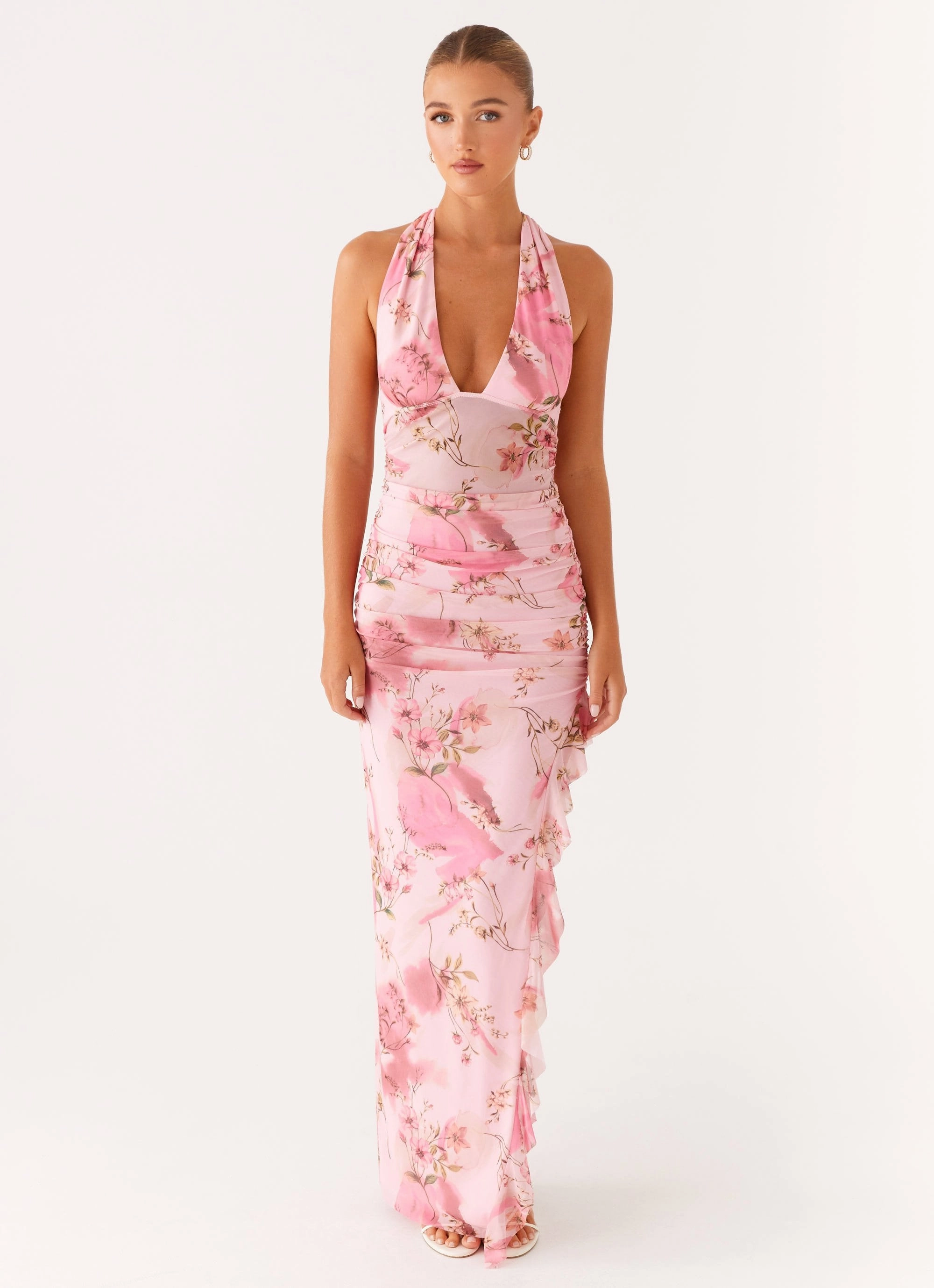 Drape Wave Micca Halter Maxi Dress - Pink Floral Print