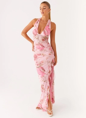 Soul Warm Chic Tone Micca Halter Maxi Dress - Pink Floral Print