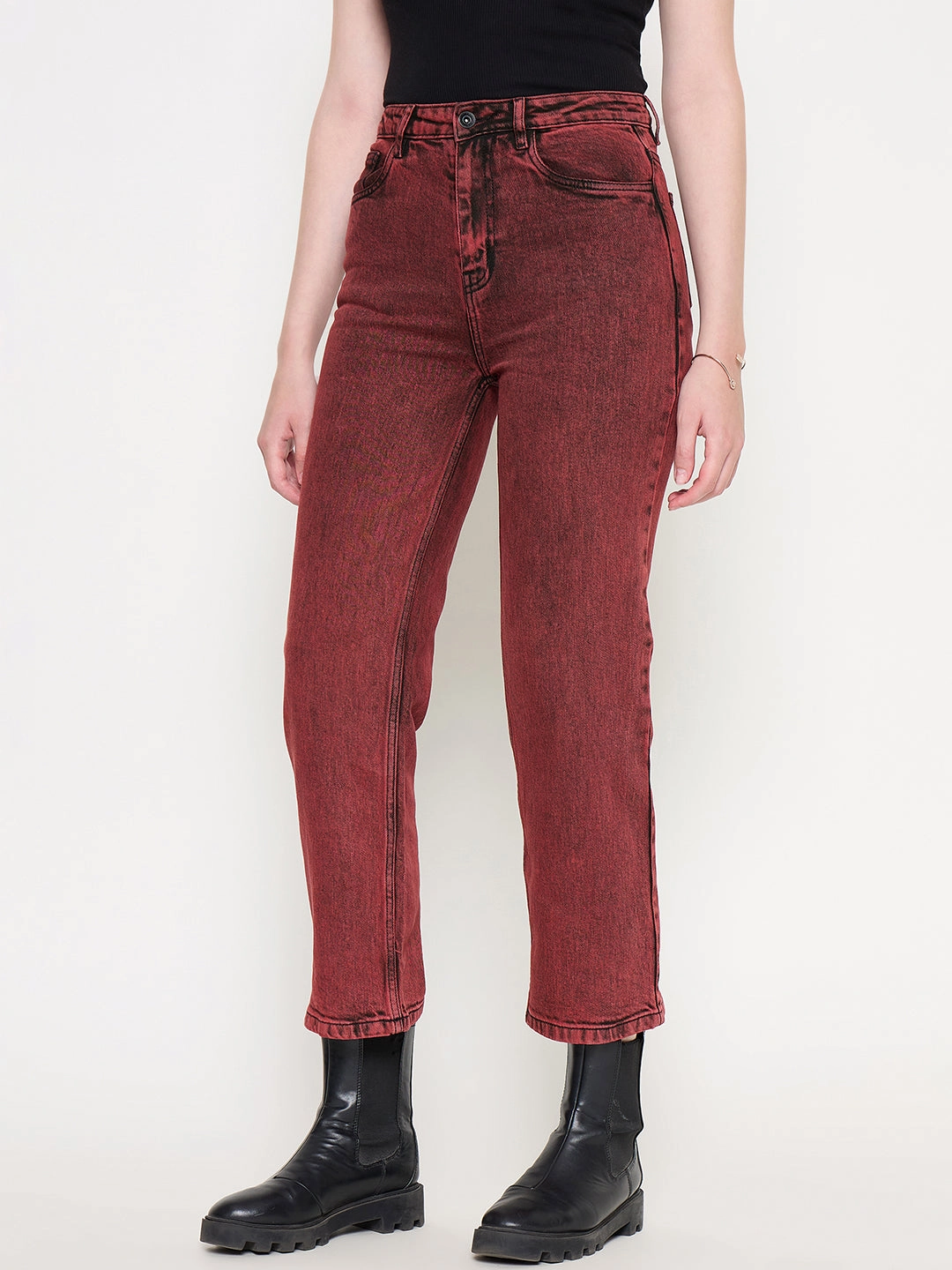 Madame Cotton Blend Acid Wash Red Denim Smooth Style