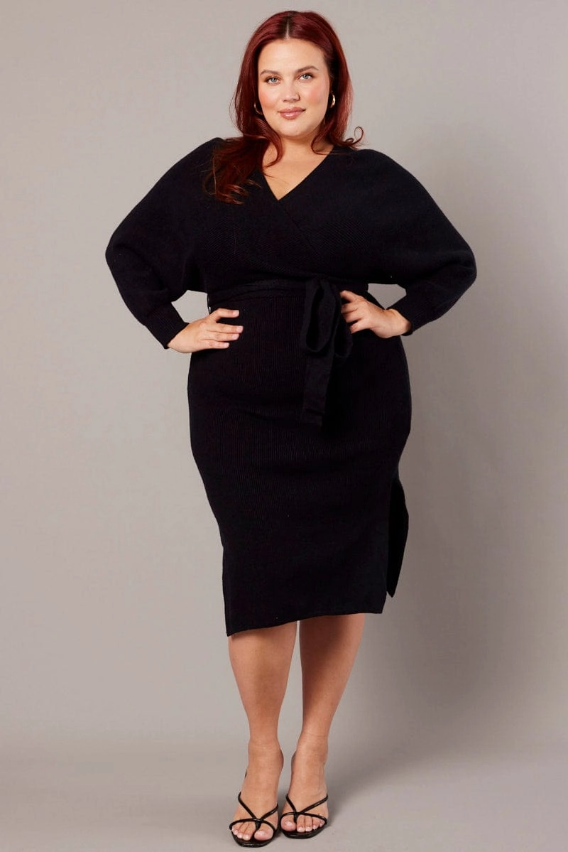 Evening Glow Black Knit Knee Length Dress