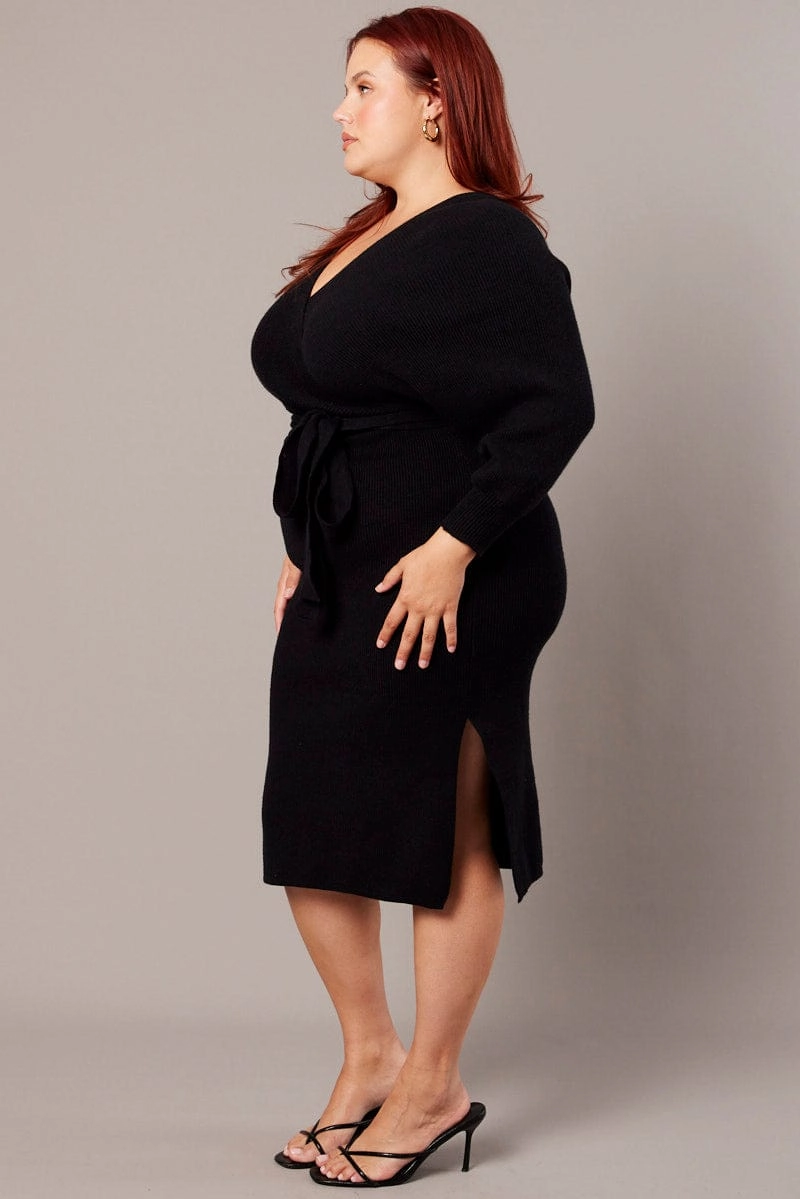 Cotton-Blend Black Knit Knee Length Dress