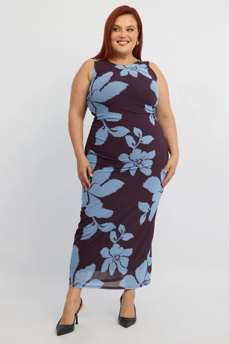 Purple Abstract Bodycon Dress Round Neck Sleeveless Mesh Smart Glide Vintage Style