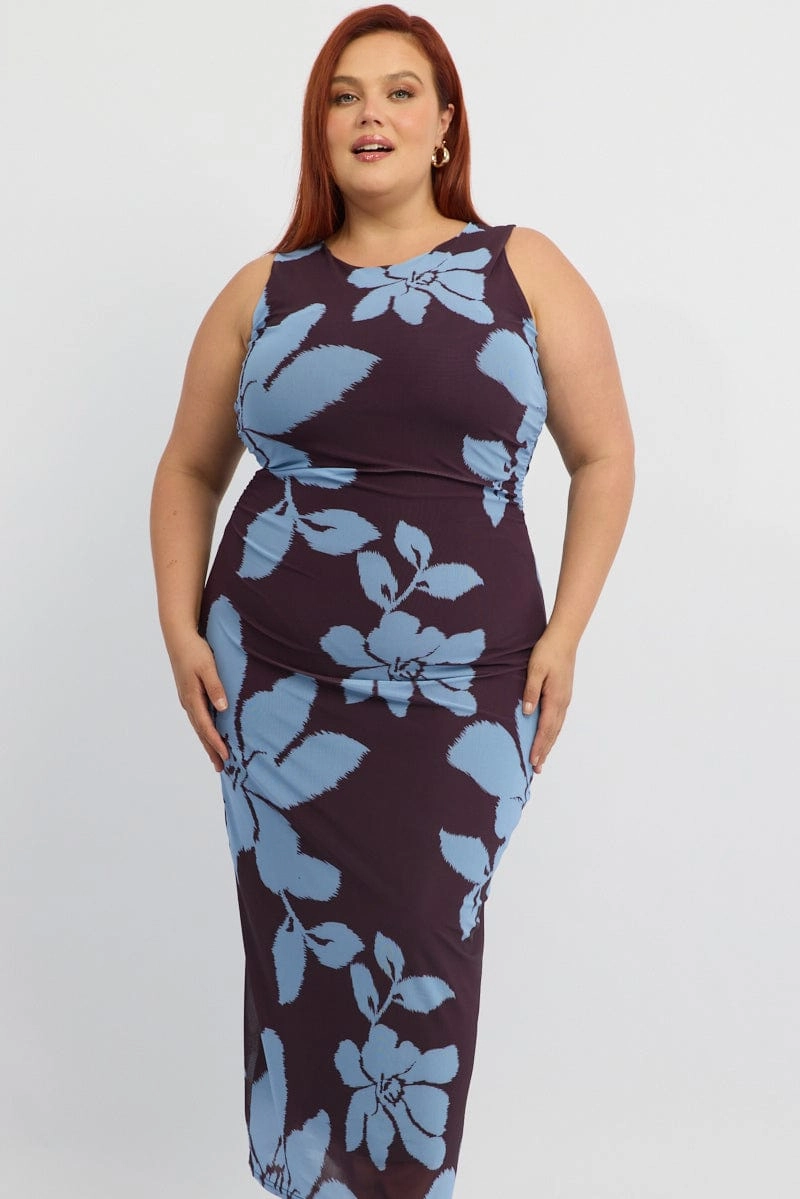 Satin-Edge Purple Abstract Bodycon Dress Round Neck Sleeveless Mesh