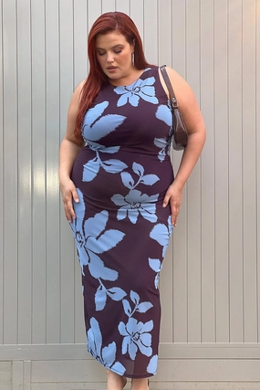 Light Base ReversibleStyle Purple Abstract Bodycon Dress Round Neck Sleeveless Mesh