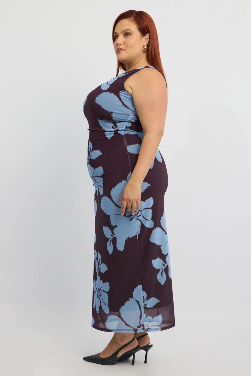 Effortless Layer Wear Layering Fit Purple Abstract Bodycon Dress Round Neck Sleeveless Mesh