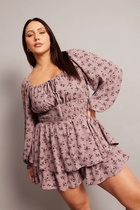 Polished Layer Maximalist-Trend Purple Ditsy Ruffle Playsuit Long Sleeve