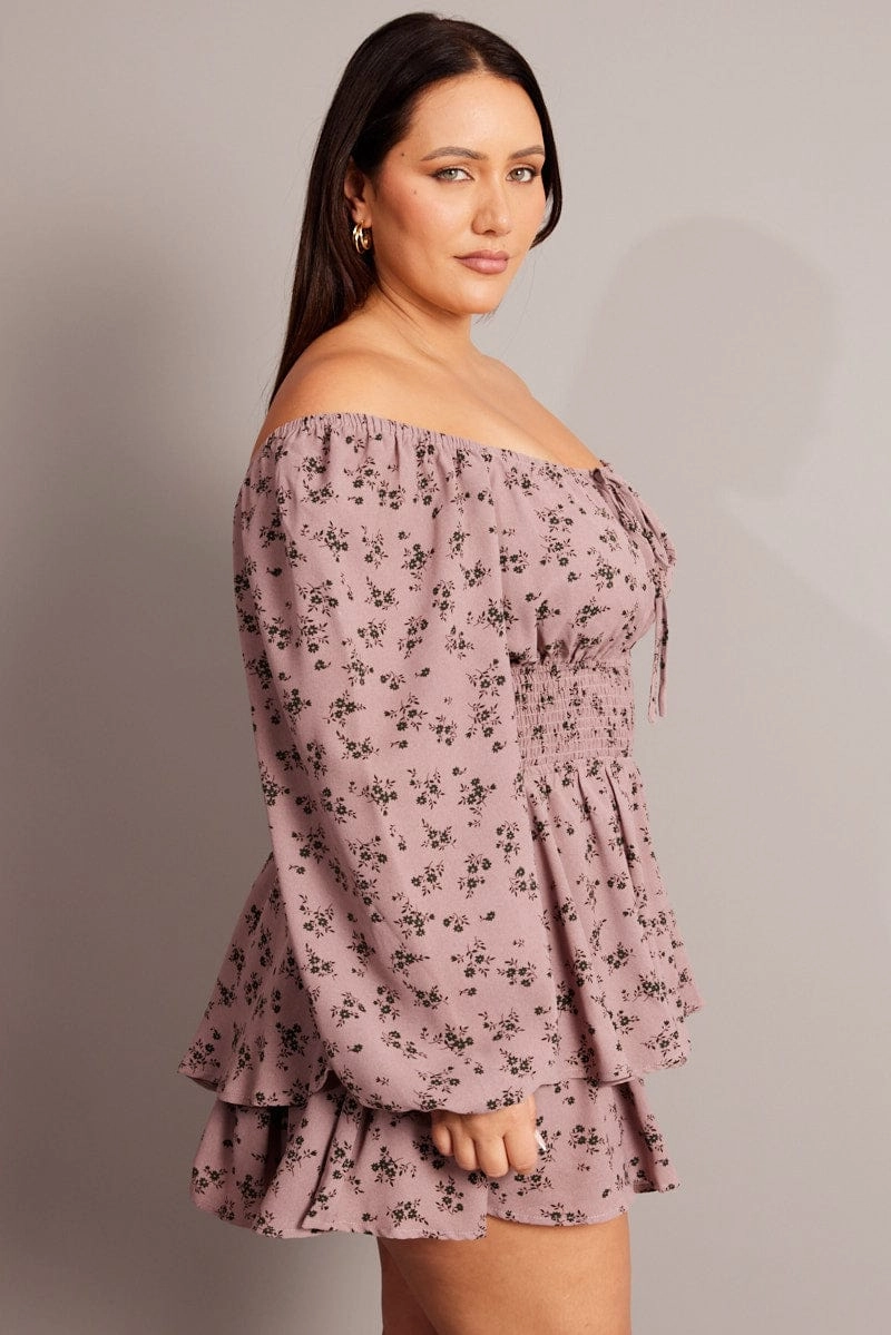 All-Day Wear Understated Elegance Purple Ditsy Ruffle Playsuit Long Sleeve