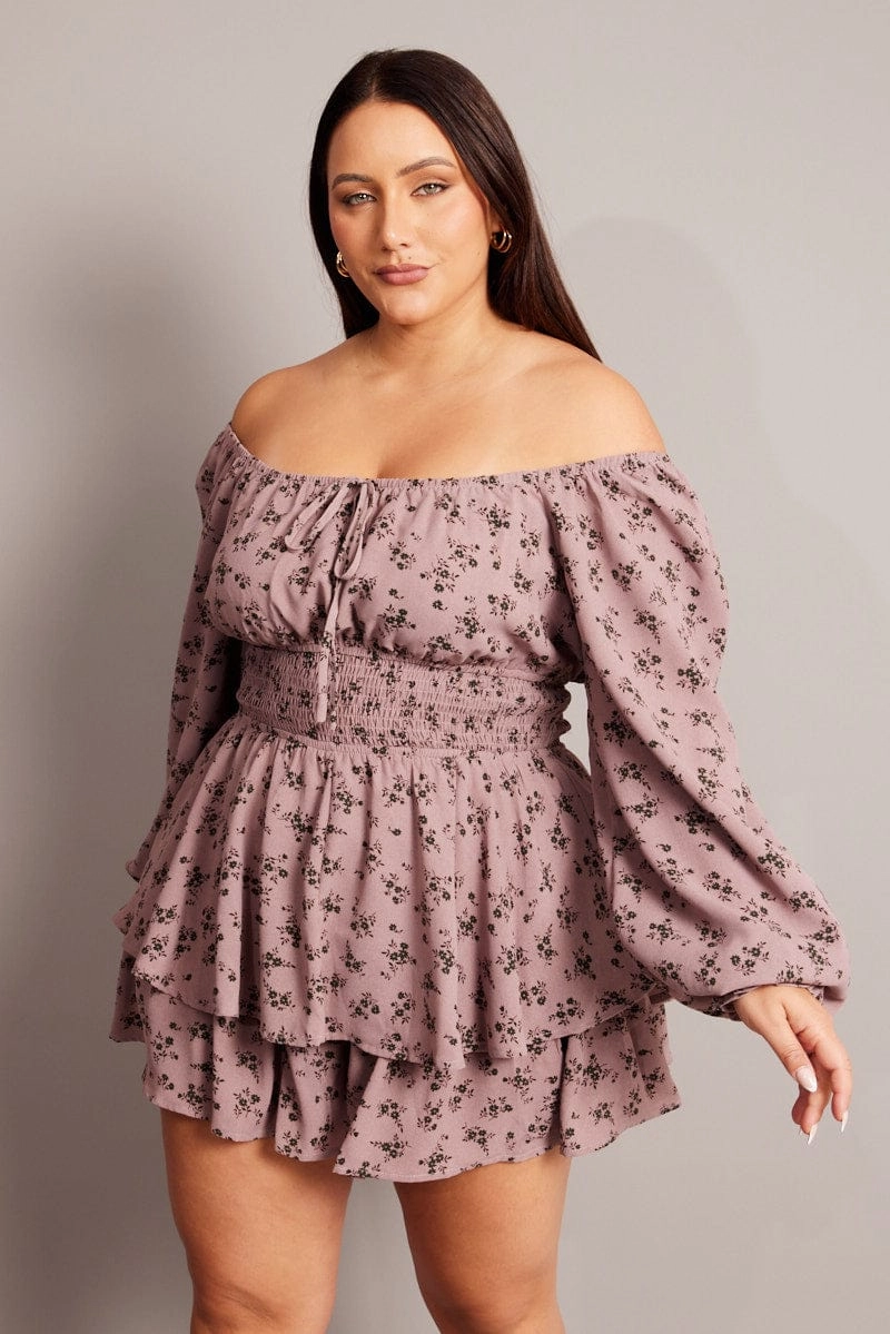 Purple Ditsy Ruffle Playsuit Long Sleeve Vibrant Waist