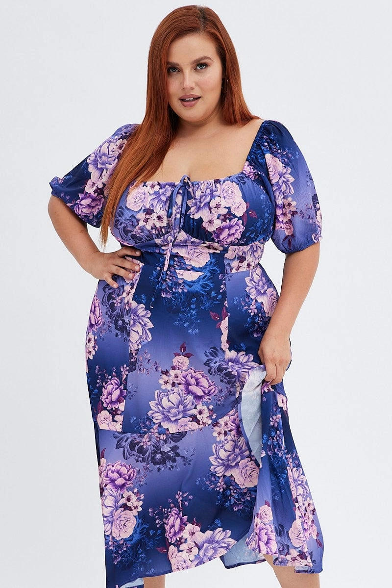 Purple Floral Midi Dress Short Sleeve Ruffle Effortless Comfort