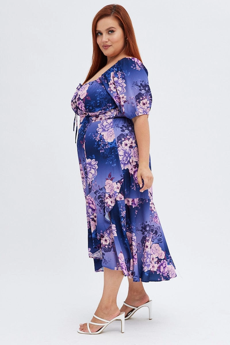Comfortable and Flattering retro-style Purple Floral Midi Dress Short Sleeve Ruffle