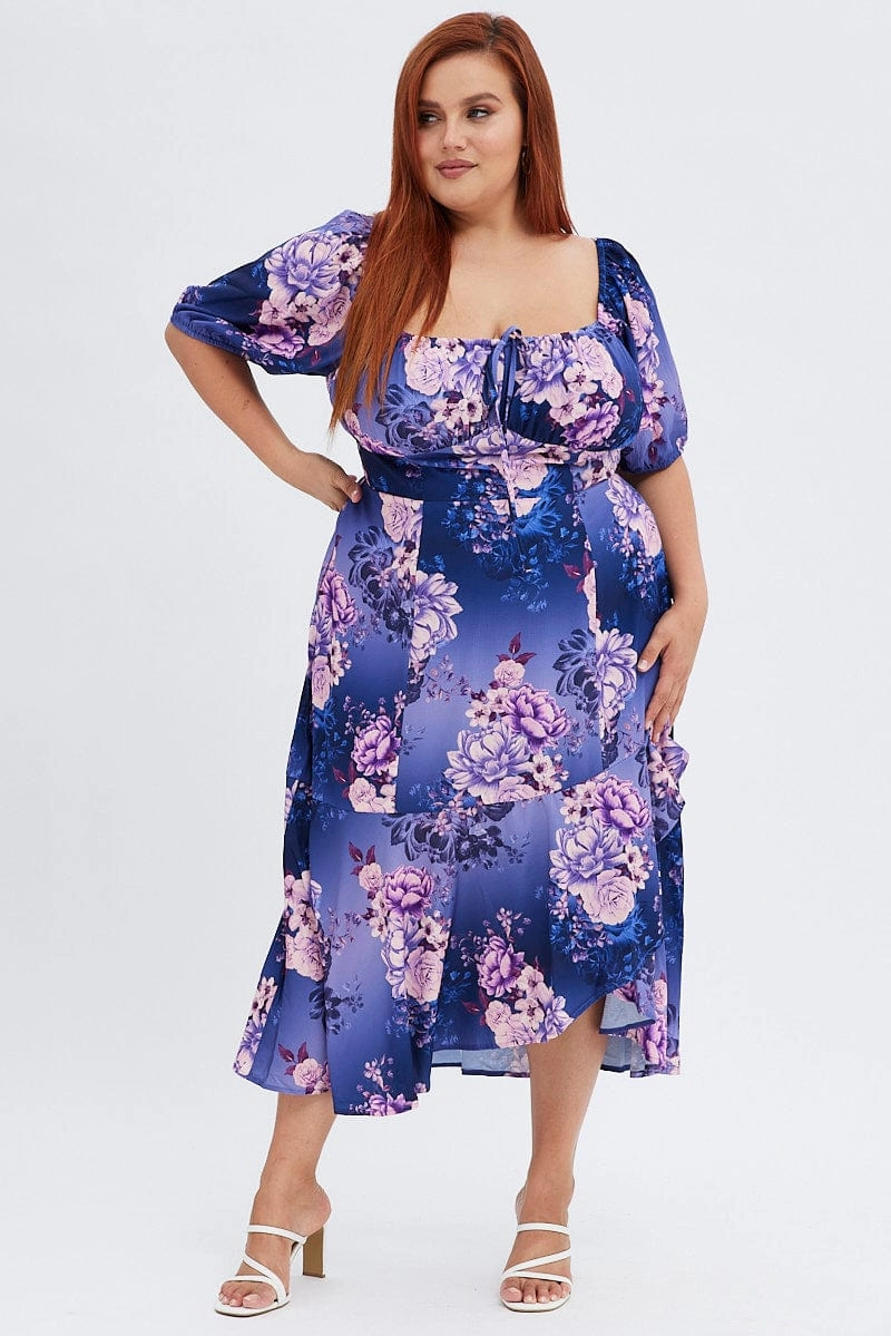 Tailored Comfort Purple Floral Midi Dress Short Sleeve Ruffle