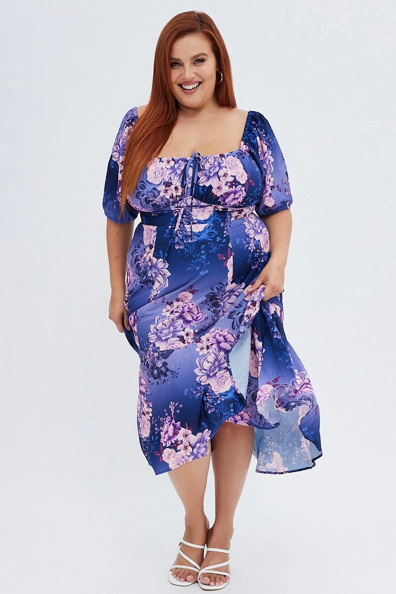 Clean Lines Purple Floral Midi Dress Short Sleeve Ruffle