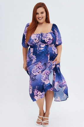 Clean Lines Purple Floral Midi Dress Short Sleeve Ruffle
