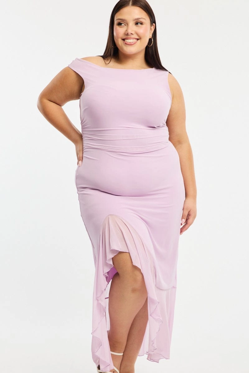 Delicate Tone Purple Midi Dress Asymmetric Shoulder Mesh Ruffle