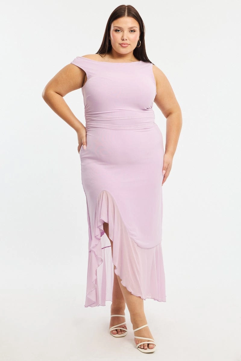 Purple Midi Dress Asymmetric Shoulder Mesh Ruffle Relaxed Fit Gentle Aesthetic