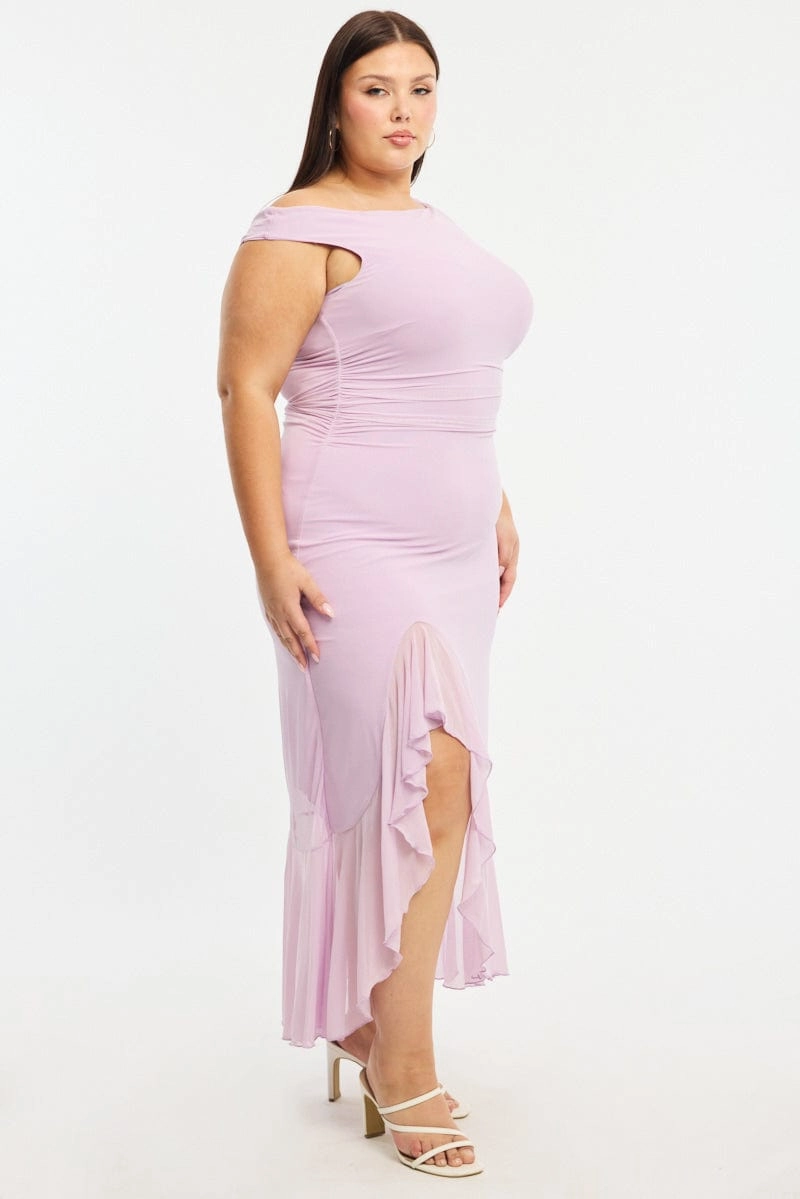 Minimalist-Trend Purple Midi Dress Asymmetric Shoulder Mesh Ruffle