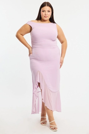 Purple Midi Dress Asymmetric Shoulder Mesh Ruffle Relaxed Fit Gentle Aesthetic