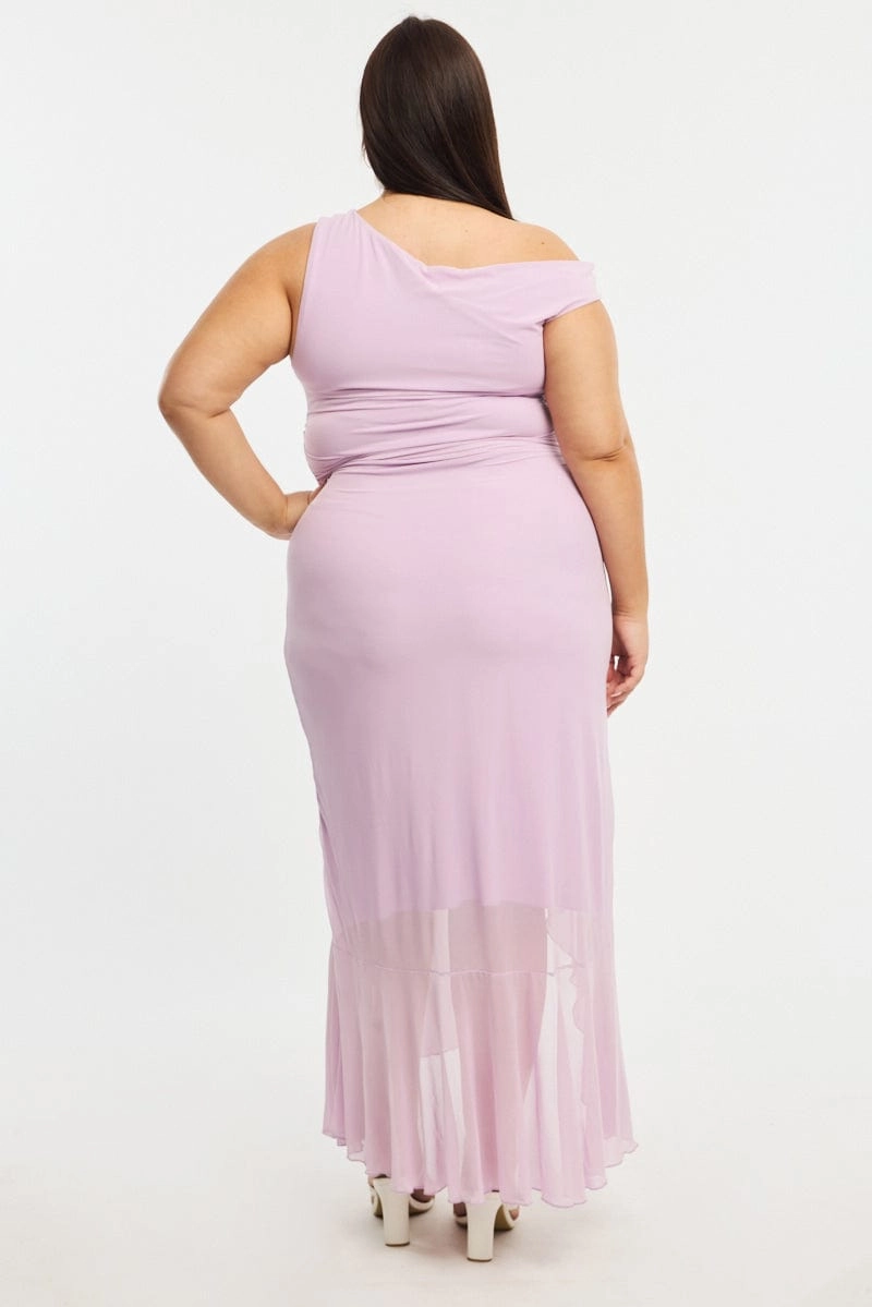 Purple Midi Dress Asymmetric Shoulder Mesh Ruffle Anytime Wear Smart Waistband Design