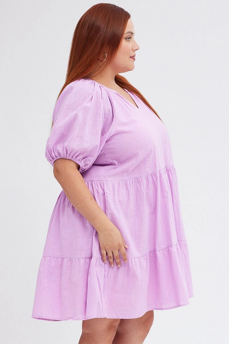 LowProfileZipper Pure Shape Purple Mini Dress Easy Shirt Collar Half Sleeve