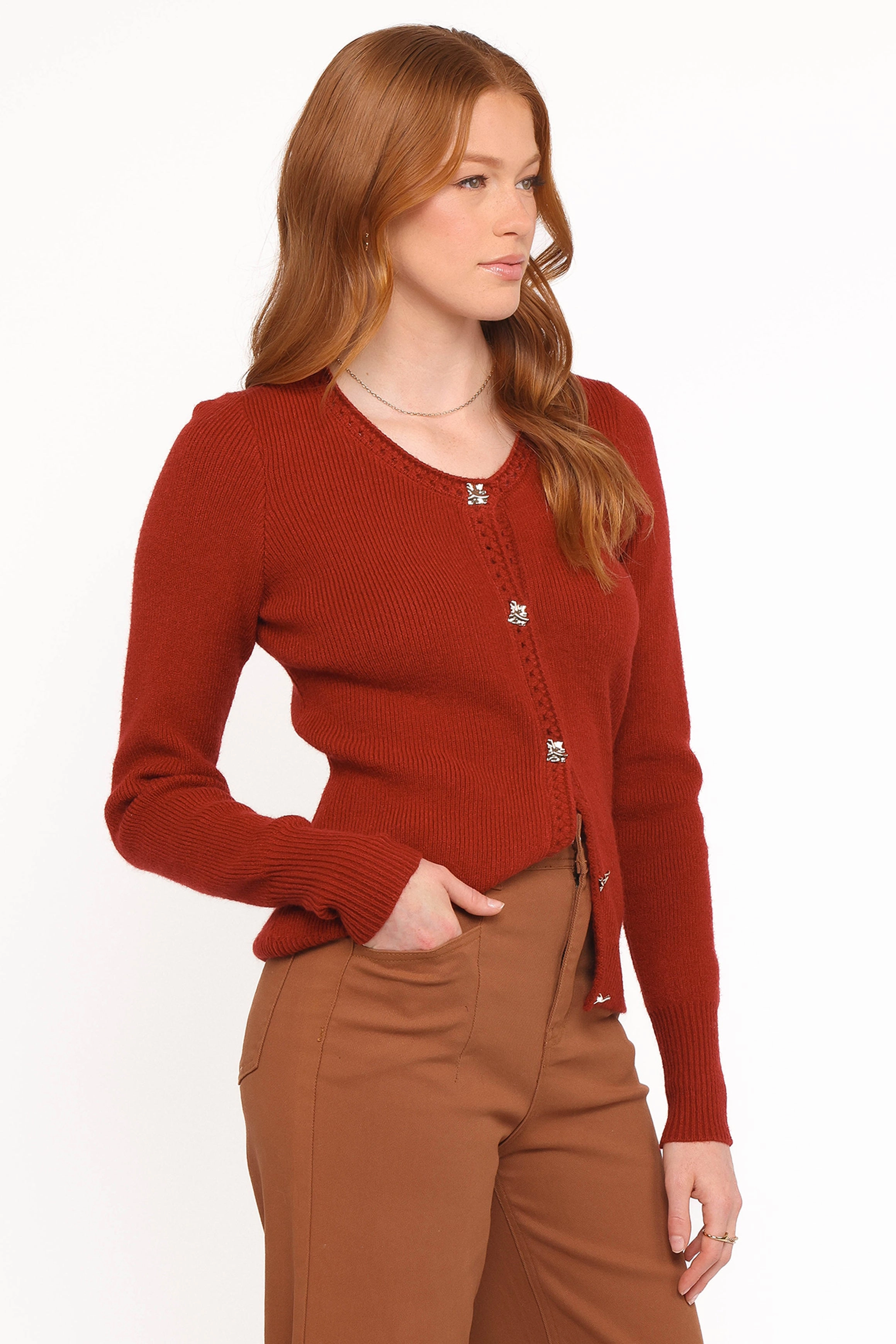 Smart Fit Chunky Cable Pattern Quay Button Front Cardigan - Red