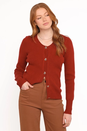 Quay Button Front Cardigan - Red Double Layered Cuffs Work Day