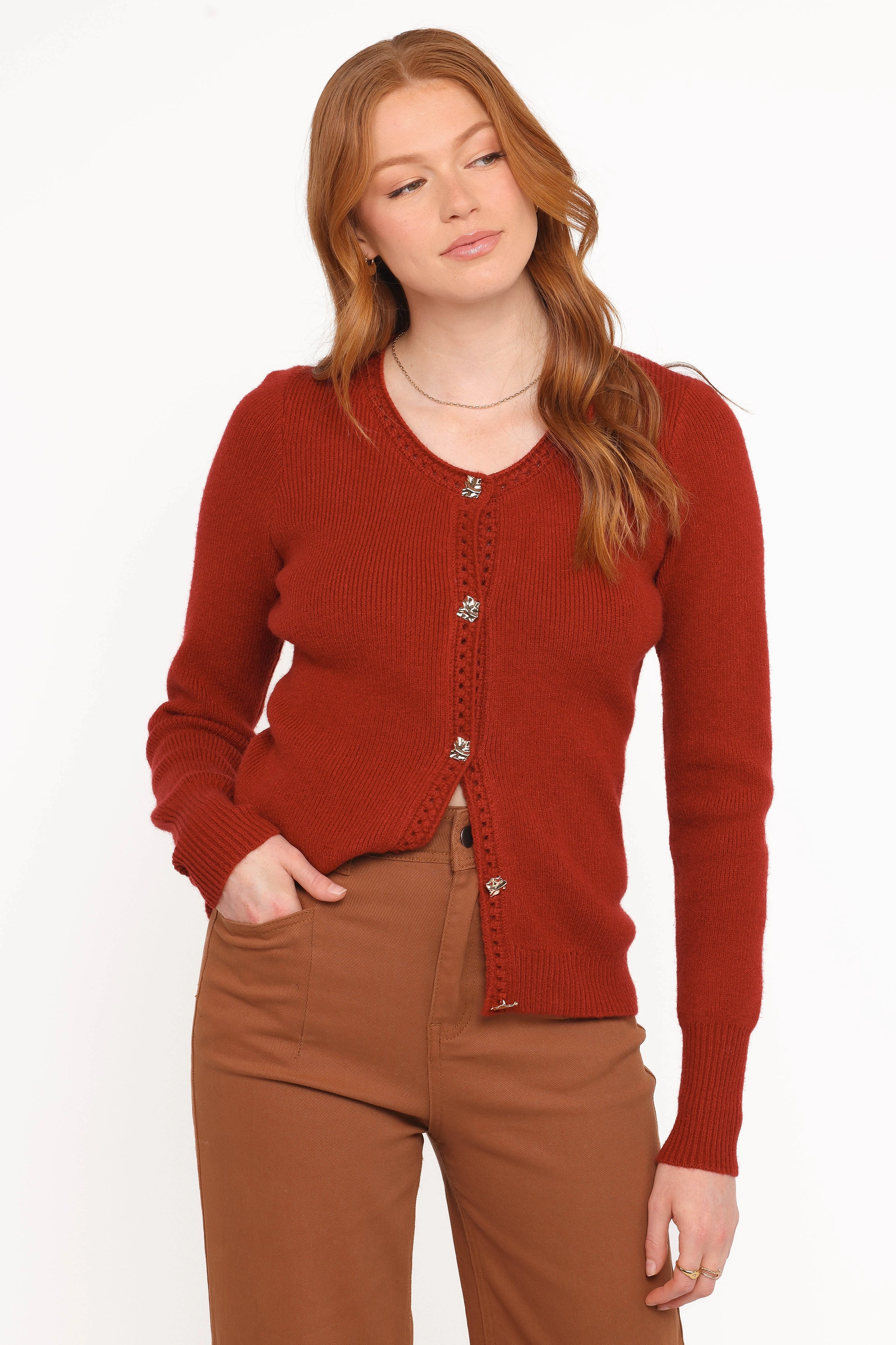 Quay Button Front Cardigan - Red Double Layered Cuffs Work Day