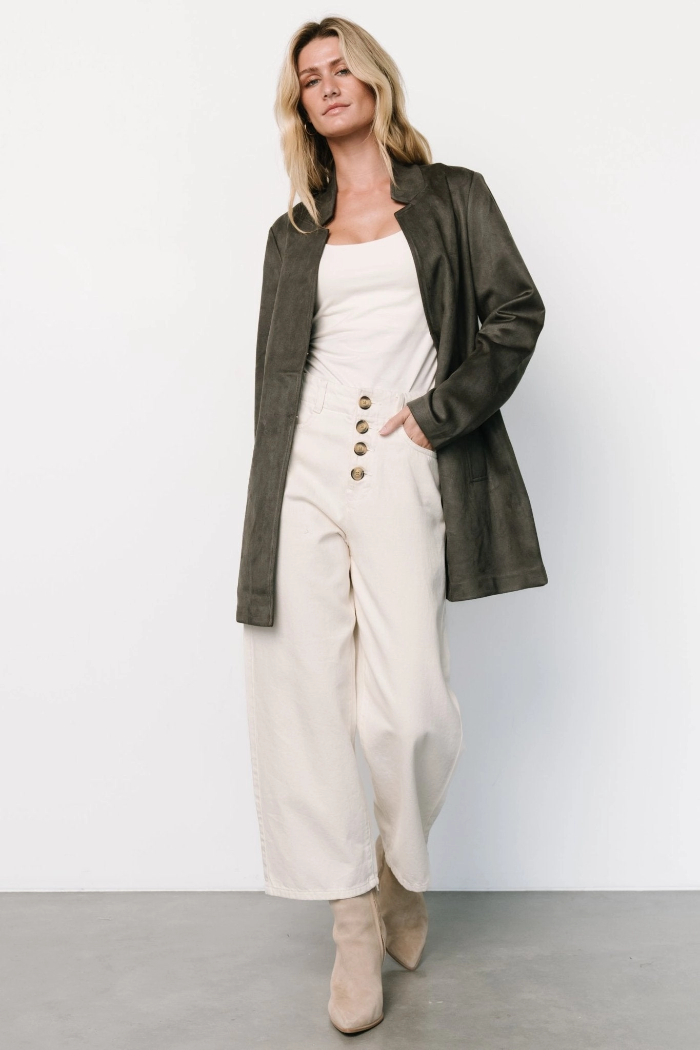 Queenie Faux Suede Jacket | Charcoal Flexible Joint Mobility Tech Use