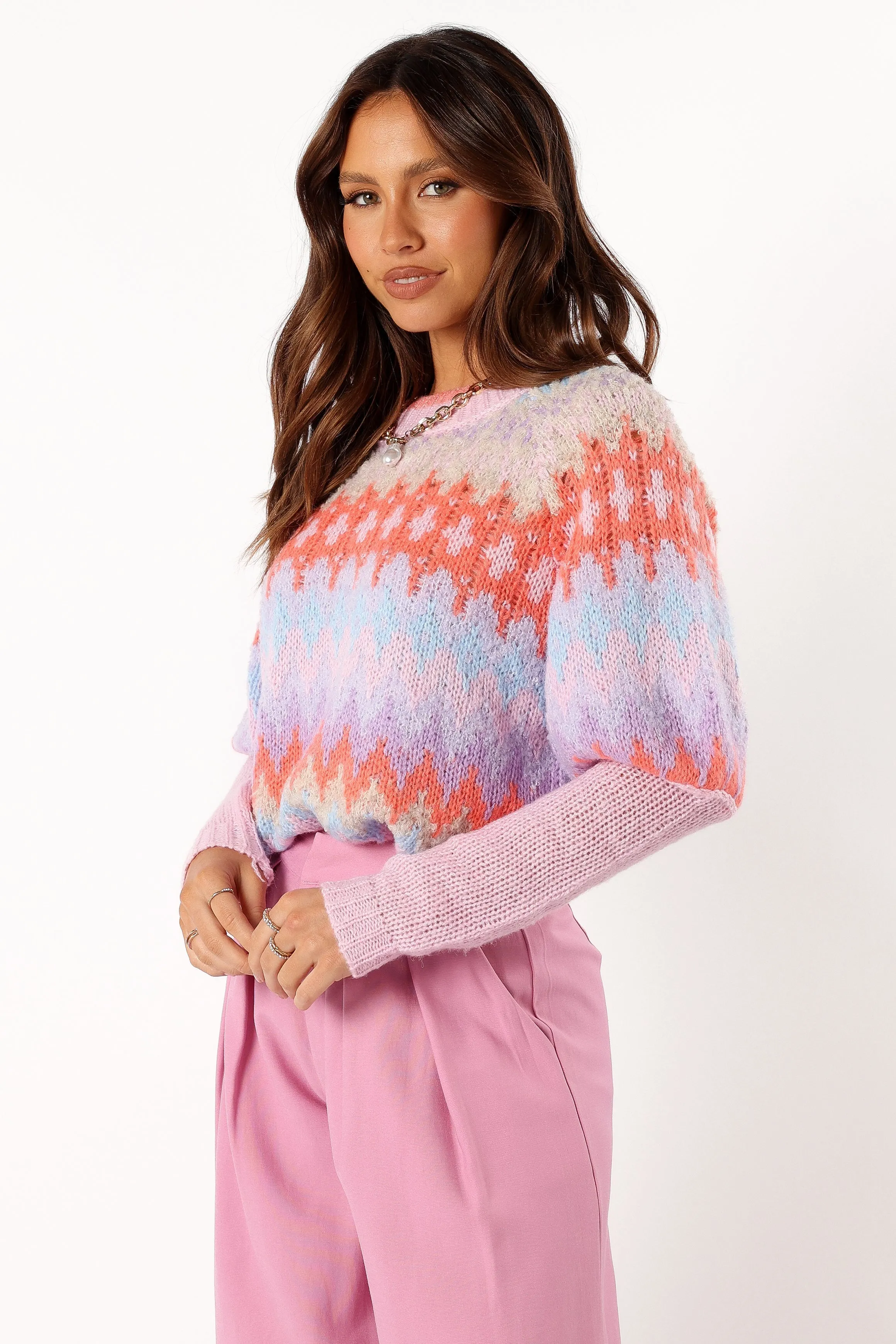 Eco Conscious Production Emerson Fairisle Knit Sweater - Coral Blue