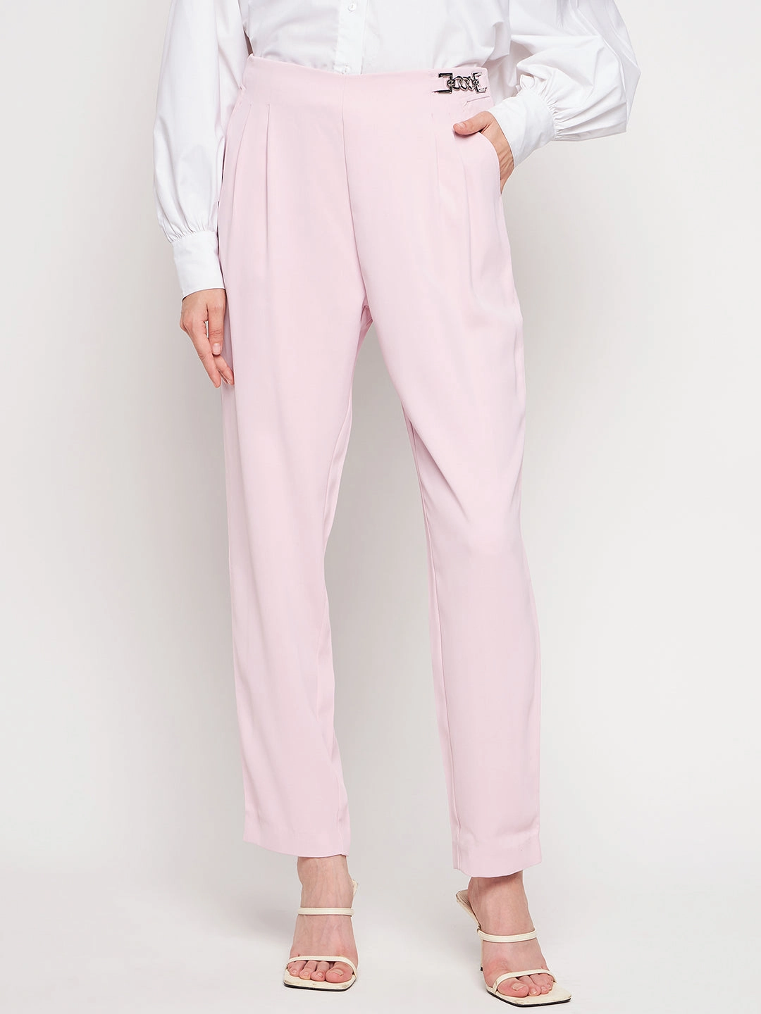 Stretch Waist ReinforcedBeltLoops Madame Pink Tapered Trousers