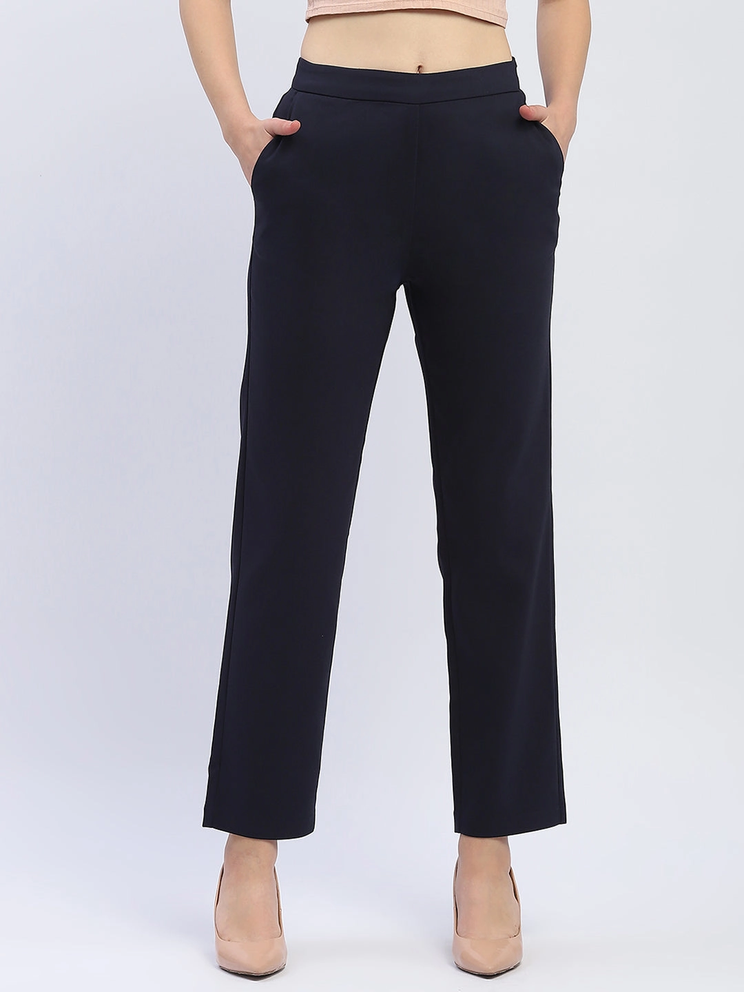 Madame Solid Navy Blue Straight Fit Trousers Twill Weave Texture NonIrritatingStitching