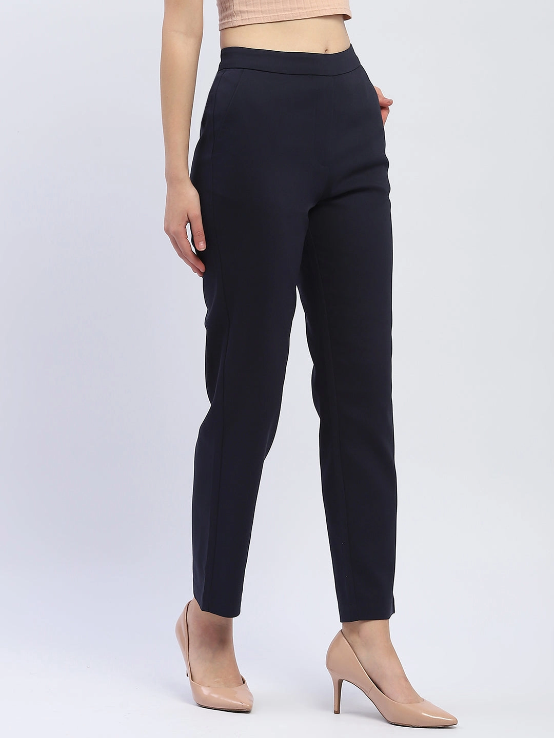 Madame Solid Navy Blue Straight Fit Trousers Core Fit