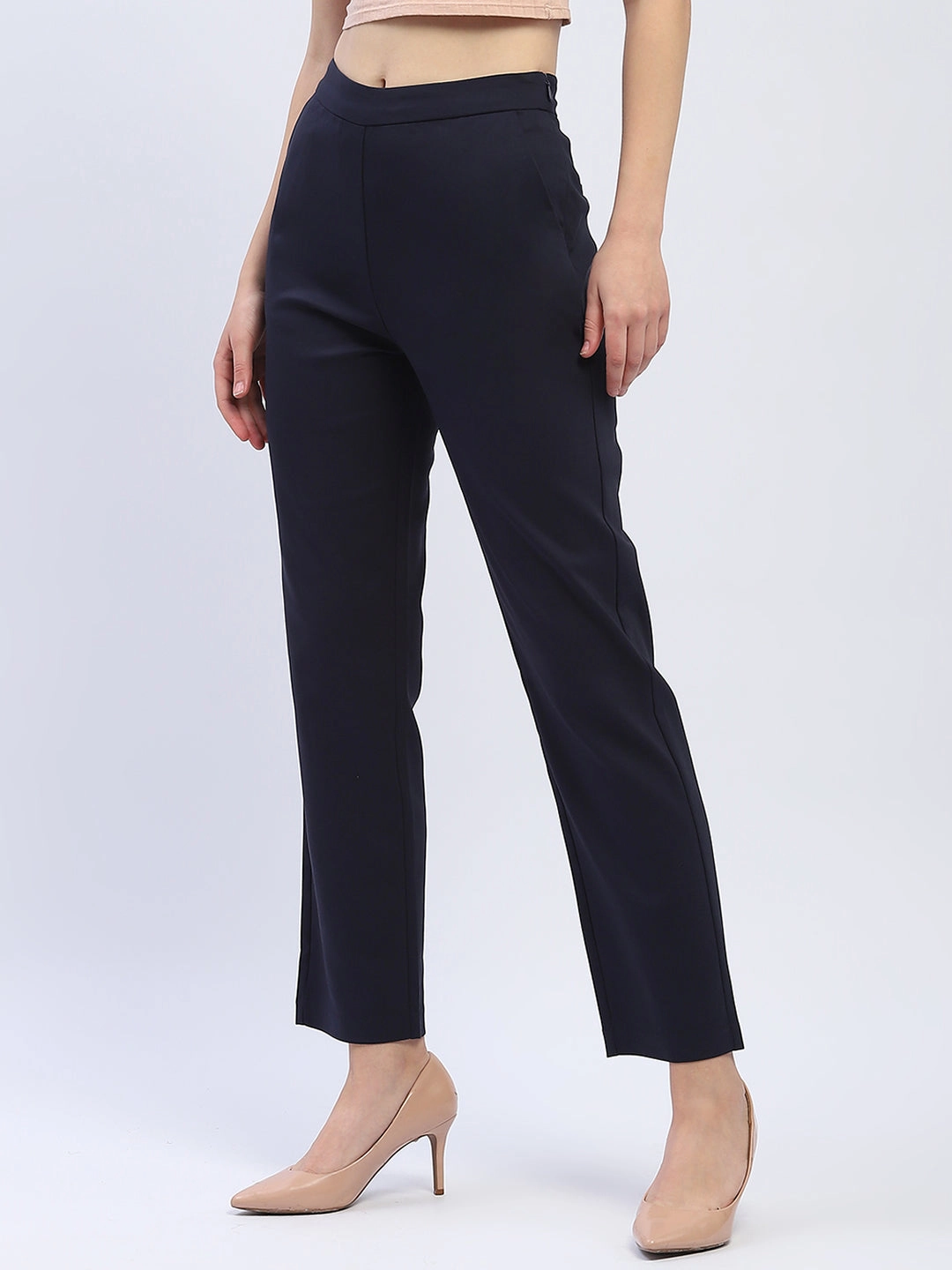 Quick Flex Movement Ease Madame Solid Navy Blue Straight Fit Trousers