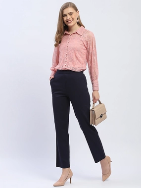 Timeless Style High-waisted fit Madame Solid Navy Blue Straight Fit Trousers