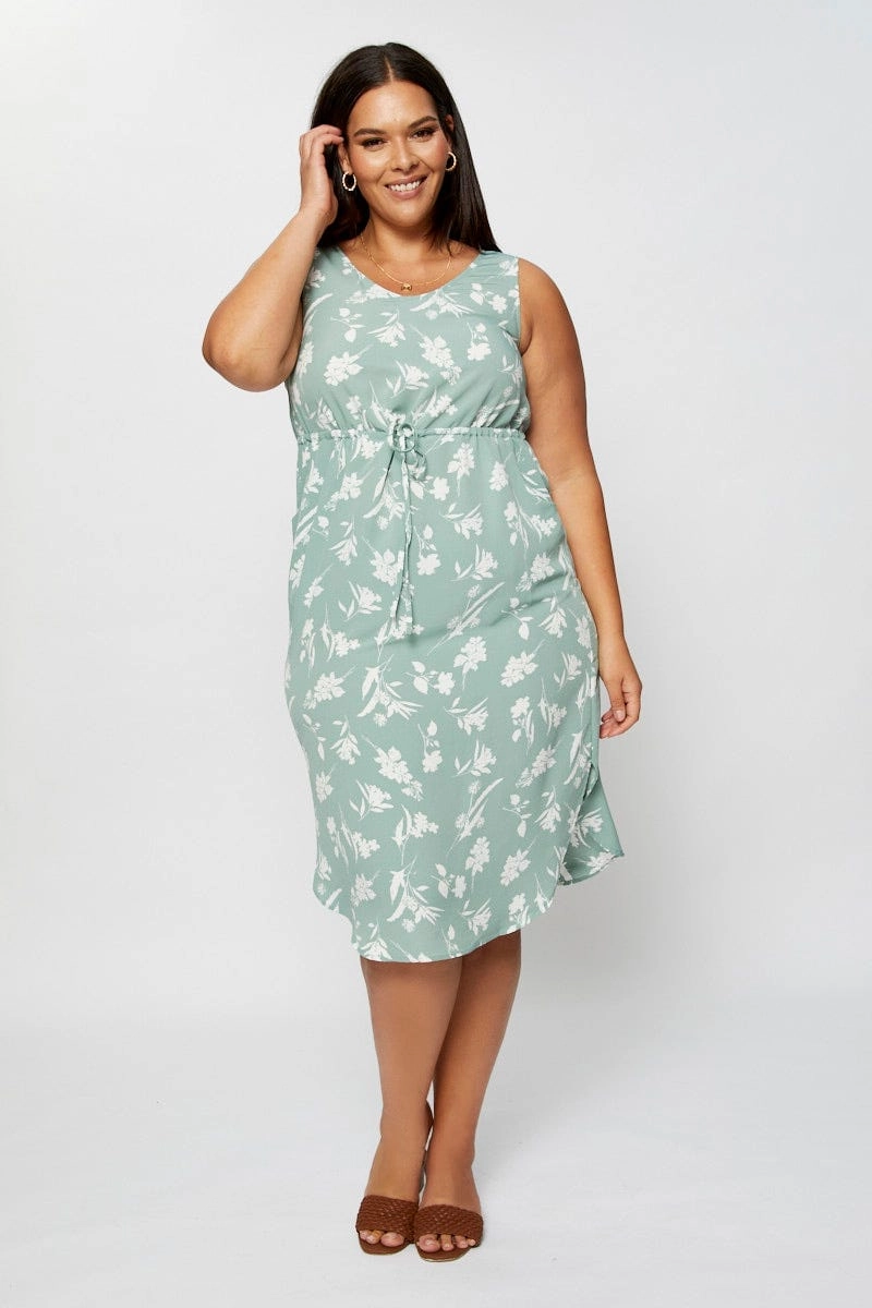 Easy Draping Floral Print Midi Dress Round Neck Sleeveless
