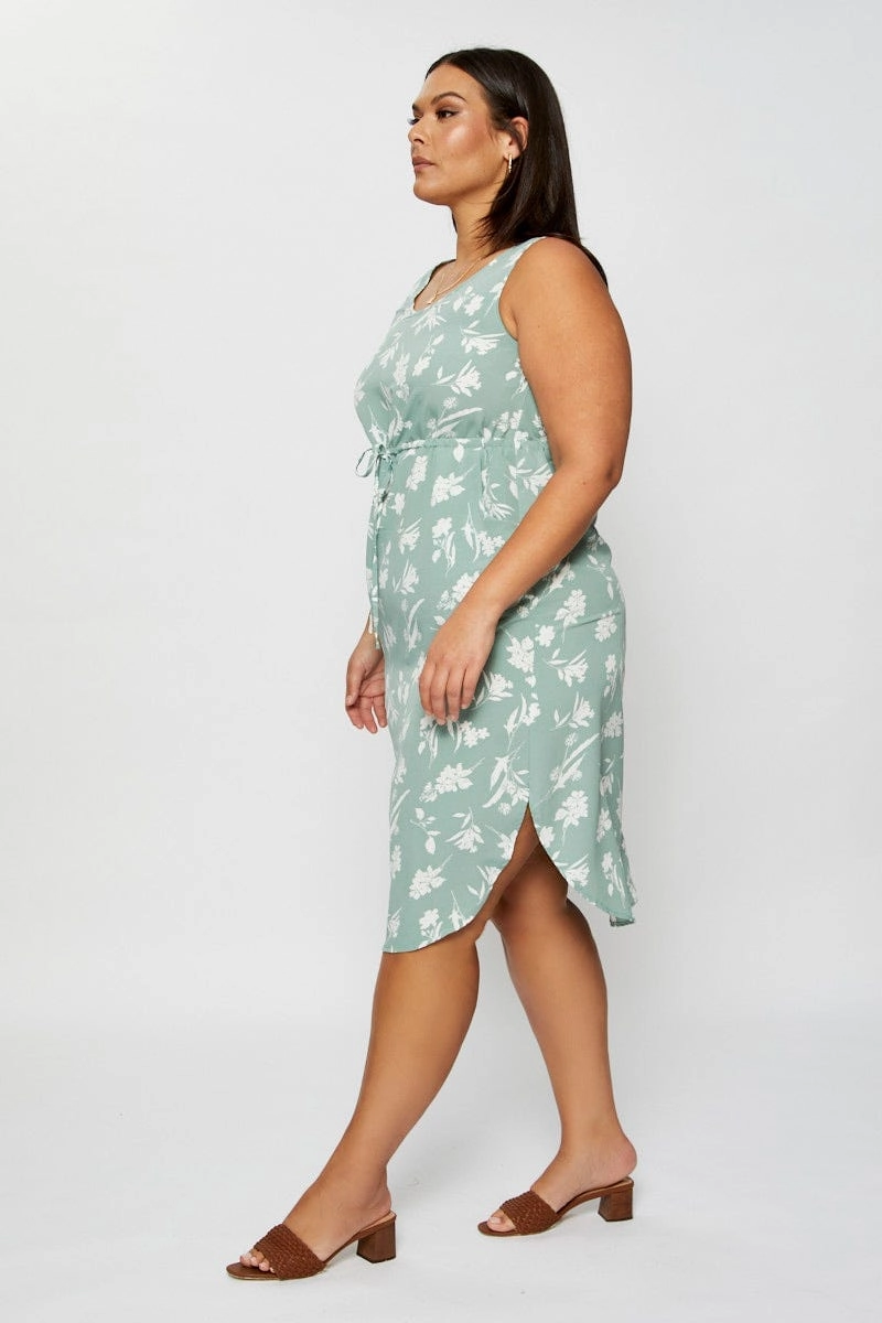 Floral Print Midi Dress Round Neck Sleeveless Smart Casual Street Casual