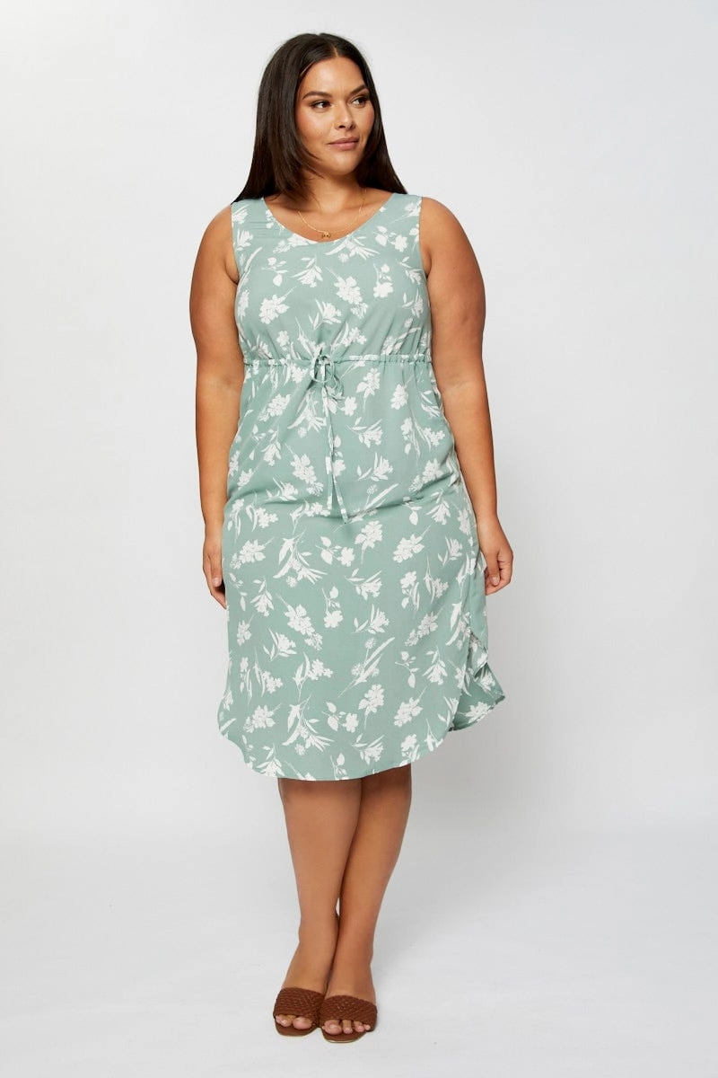 Floral Print Midi Dress Round Neck Sleeveless Feminine fit-and-flare silhouette Dew Tone