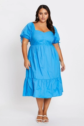 Easy Comfort Mid Blue Short Puff Sleeve Blue Bust Detail Dress