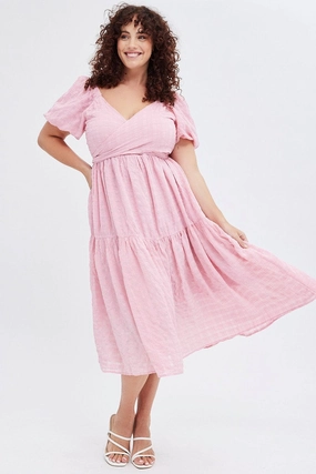 Elegant Waistband Pink Midi Dress Textured Cross Front