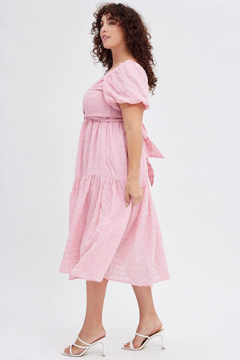 Pink Midi Dress Textured Cross Front Natural Flow All Look