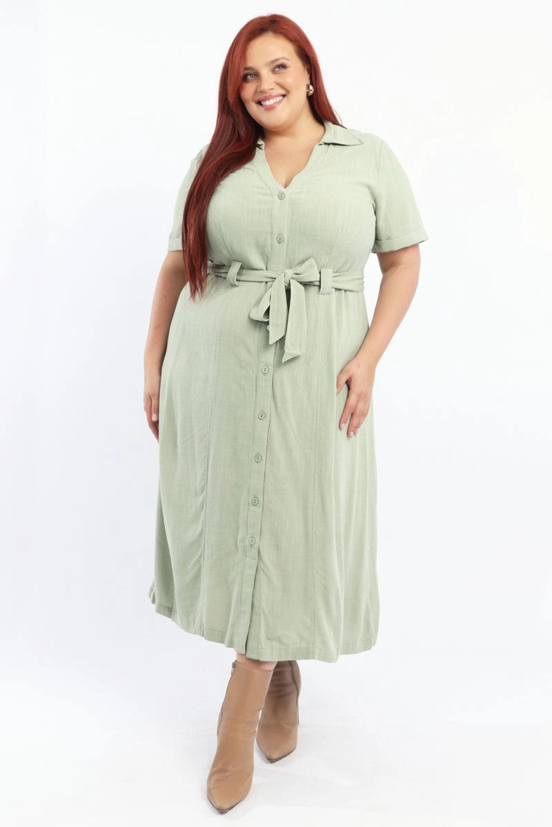 Green Midi Dress Short Sleeve Shirt Waist Tie Shirred-Detail