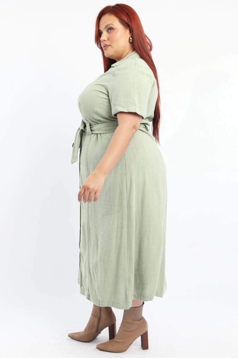 Clean Aesthetic Green Midi Dress Short Sleeve Shirt Waist Tie