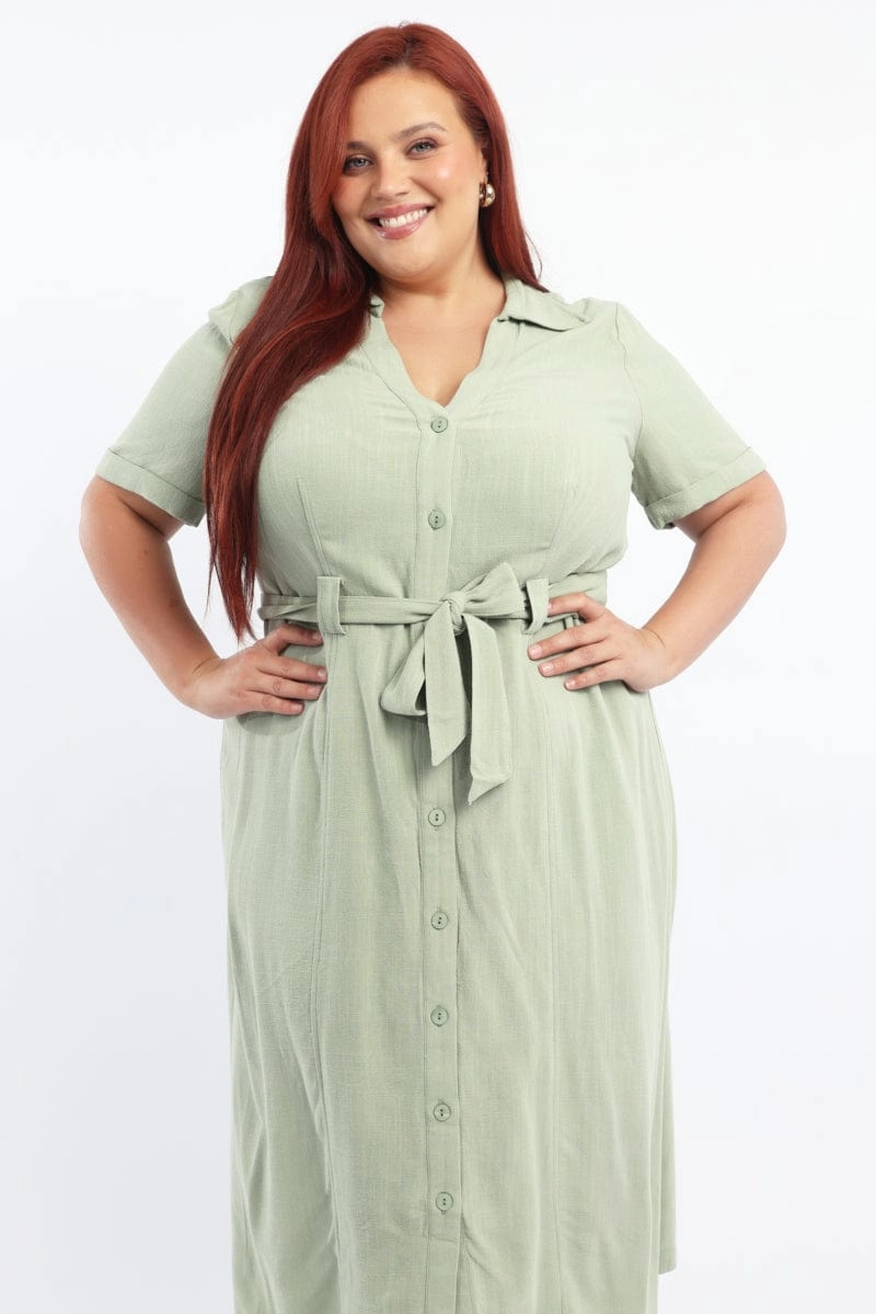 Green Midi Dress Short Sleeve Shirt Waist Tie Natural Drape Classic A-line design