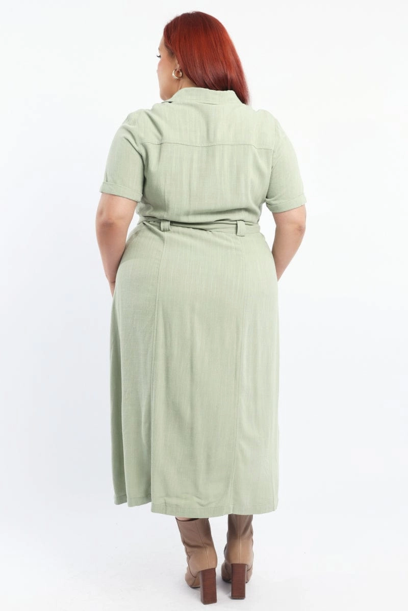 Green Midi Dress Short Sleeve Shirt Waist Tie Polished and Elegant