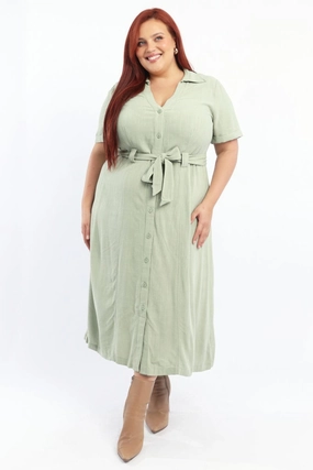 Green Midi Dress Short Sleeve Shirt Waist Tie Shirred-Detail