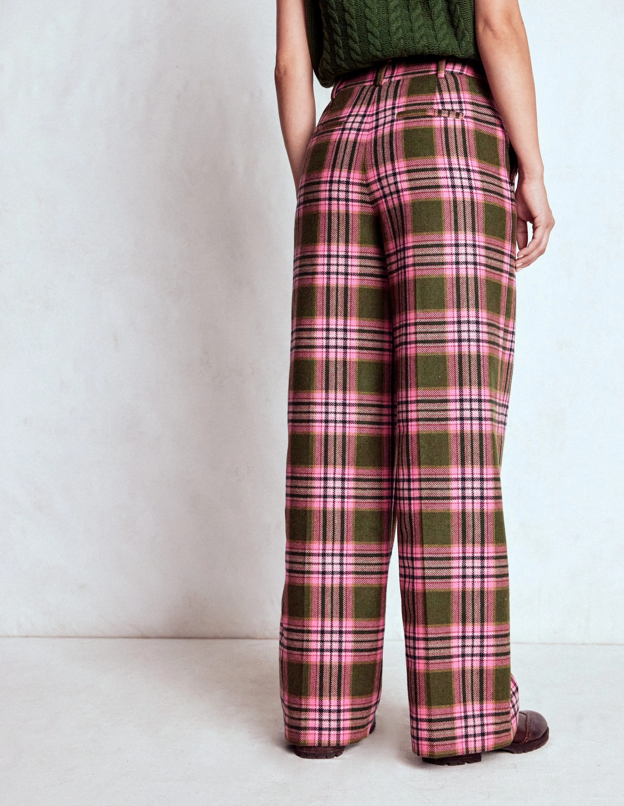Belgravia Wool Trousers-Olive, Green and Pink Check No Bunching